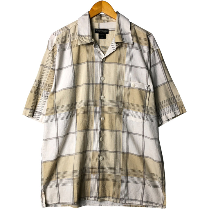 TRUST Check Pattern Short Sleeve Open Collar Rayon and Linen Box Shirt, Men's Size L linen Beige type Vintage Second Hand