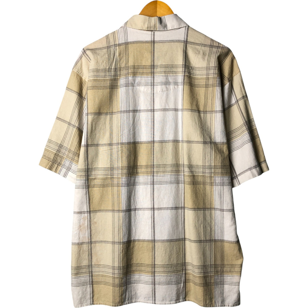 TRUST Check Pattern Short Sleeve Open Collar Rayon and Linen Box Shirt, Men's Size L linen Beige type Vintage Second Hand