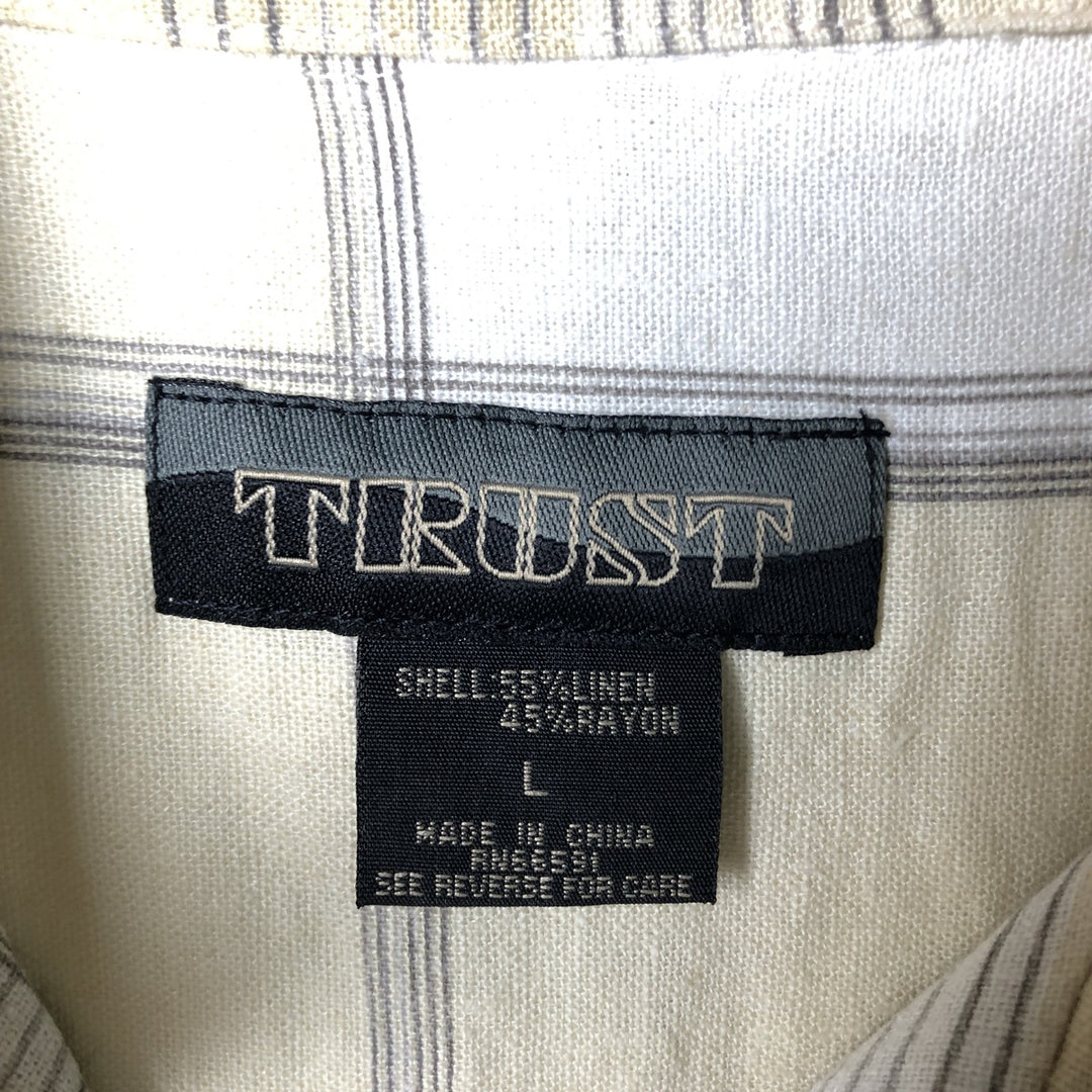 TRUST Check Pattern Short Sleeve Open Collar Rayon and Linen Box Shirt, Men's Size L linen Beige type Vintage Second Hand