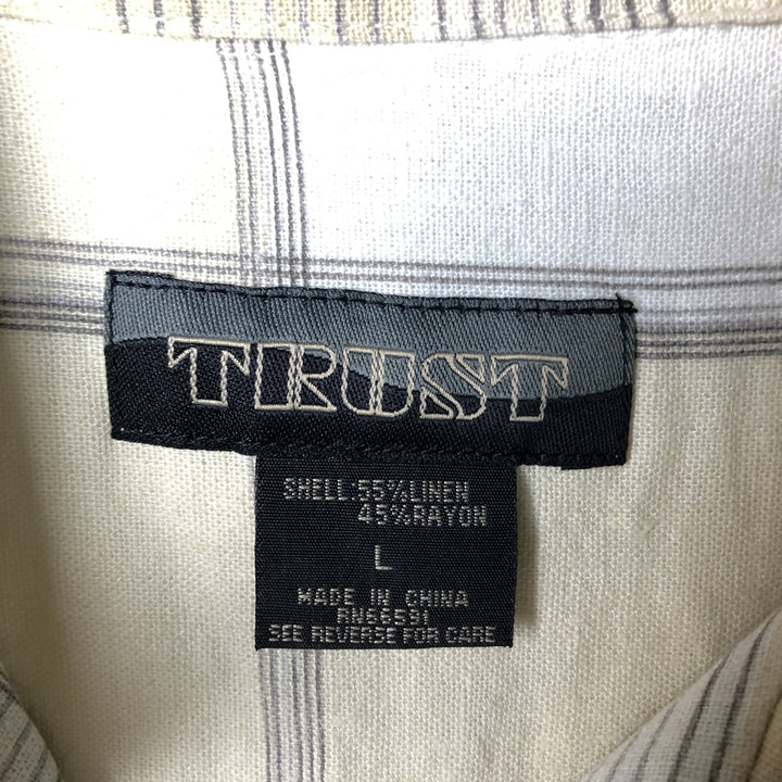 TRUST Check Pattern Short Sleeve Open Collar Rayon and Linen Box Shirt, Men's Size L linen Beige type Vintage Second Hand