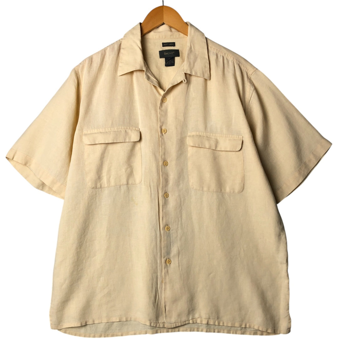 BRUNO SOFT LINEN Short Sleeve Open Collar Linen Shirt, Box Shirt, Men's Size L linen unbleached Vintage Second Hand