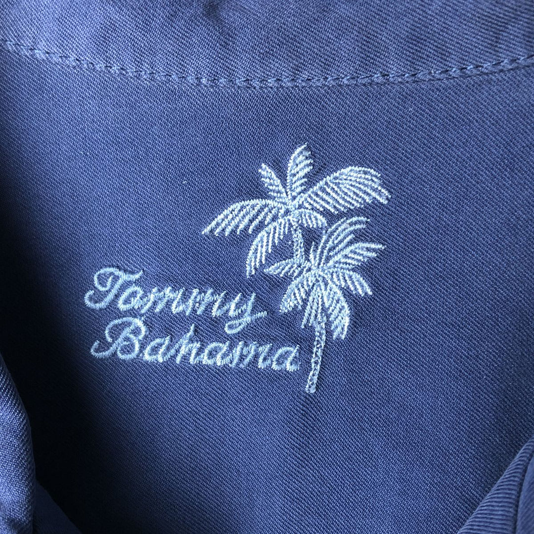 Tommy Bahama short sleeve open collar silk shirt, box shirt, men's XL size silk navy blue type Vintage Second Hand