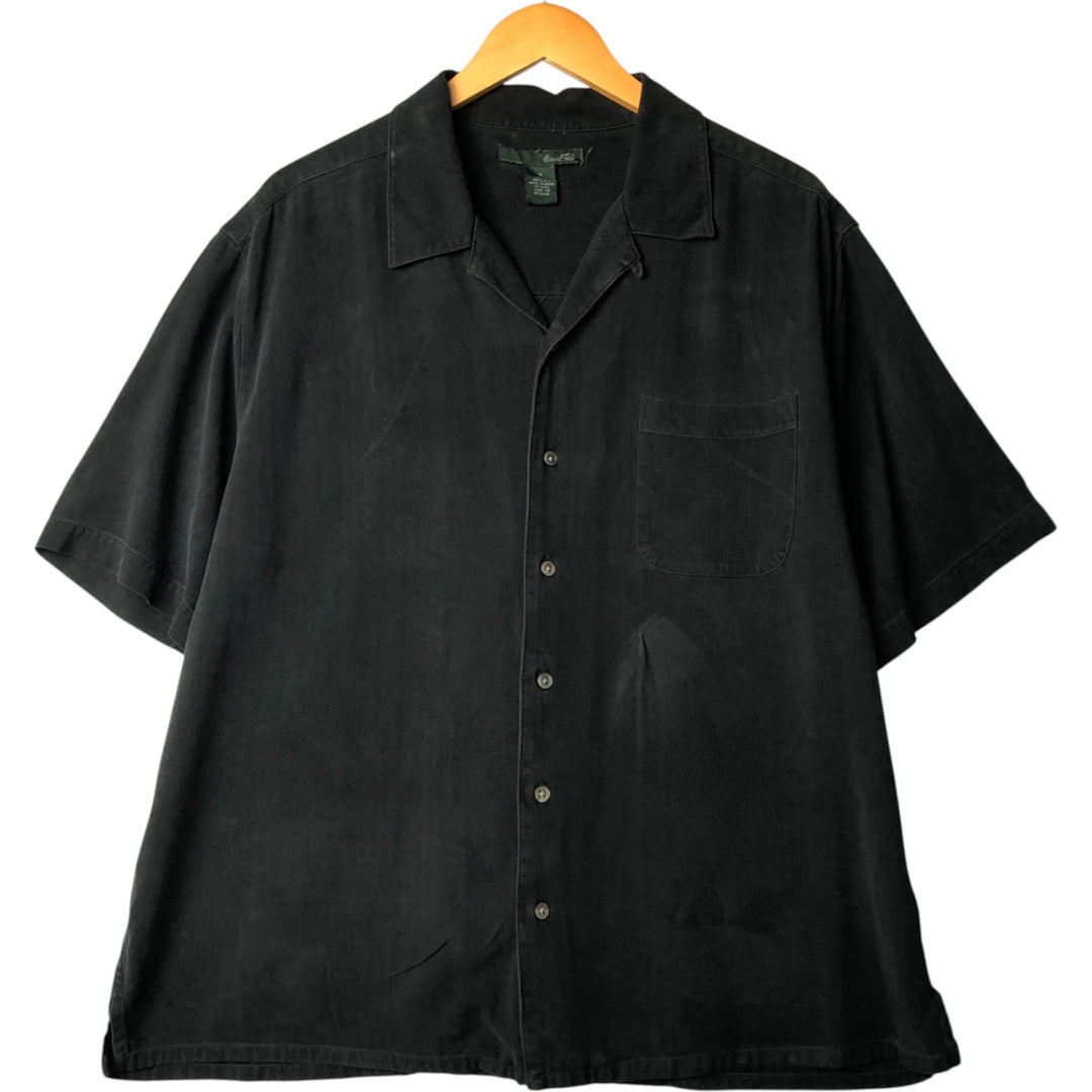 Marshall Field's Herringbone Short Sleeve Open Collar Silk Box Shirt, Men's XL silk black type Vintage Second Hand