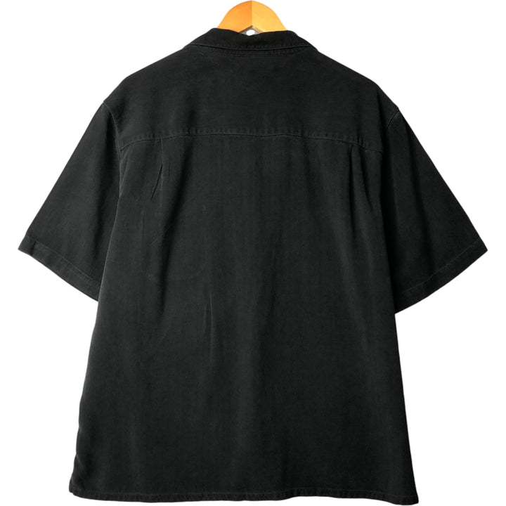 Marshall Field's Herringbone Short Sleeve Open Collar Silk Box Shirt, Men's XL silk black type Vintage Second Hand