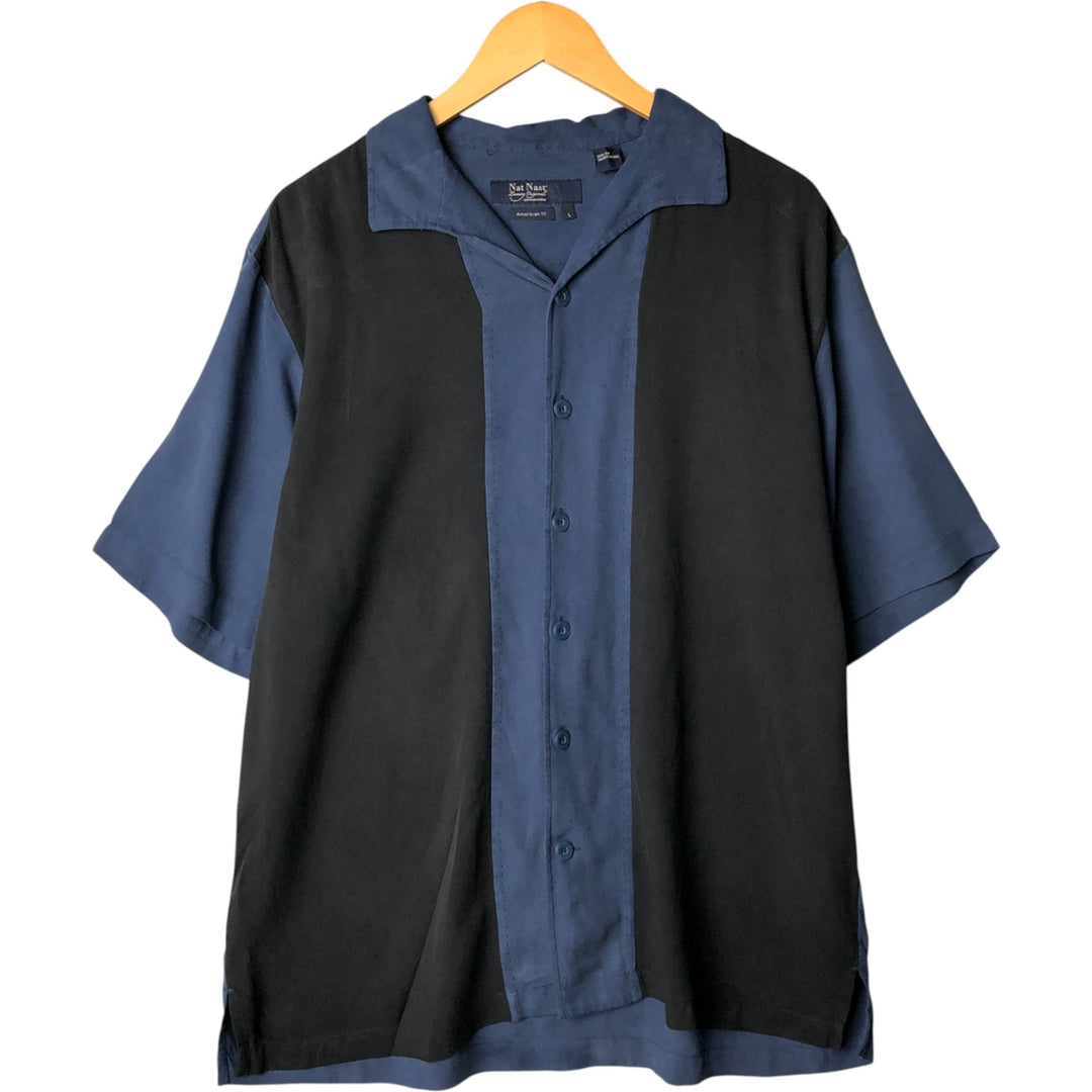 Vintage 90'S Nat Nast American Fit Two-Tone Short Sleeve Open Collar Silk Shirt, Men's Size L silk navy blue type Vintage Second Hand