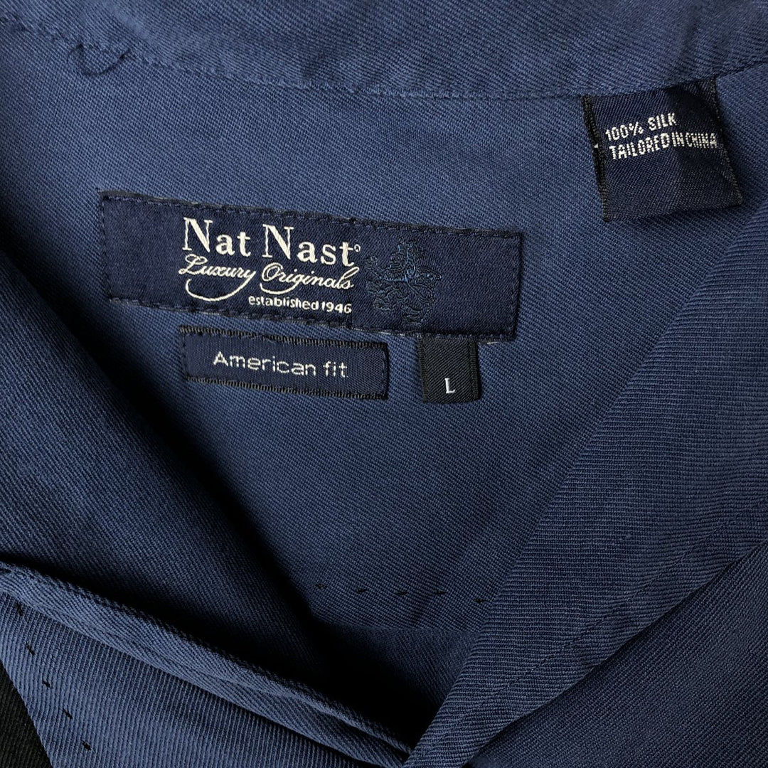 Vintage 90'S Nat Nast American Fit Two-Tone Short Sleeve Open Collar Silk Shirt, Men's Size L silk navy blue type Vintage Second Hand