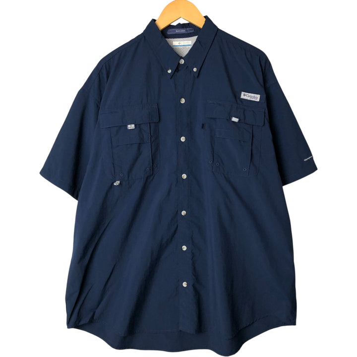 Columbia PFG BAHAMA OMNI-SHADE Omni-Shade Button-Down Short Sleeve Fishing Shirt, Men's XL Nylon navy blue type Vintage Second Hand