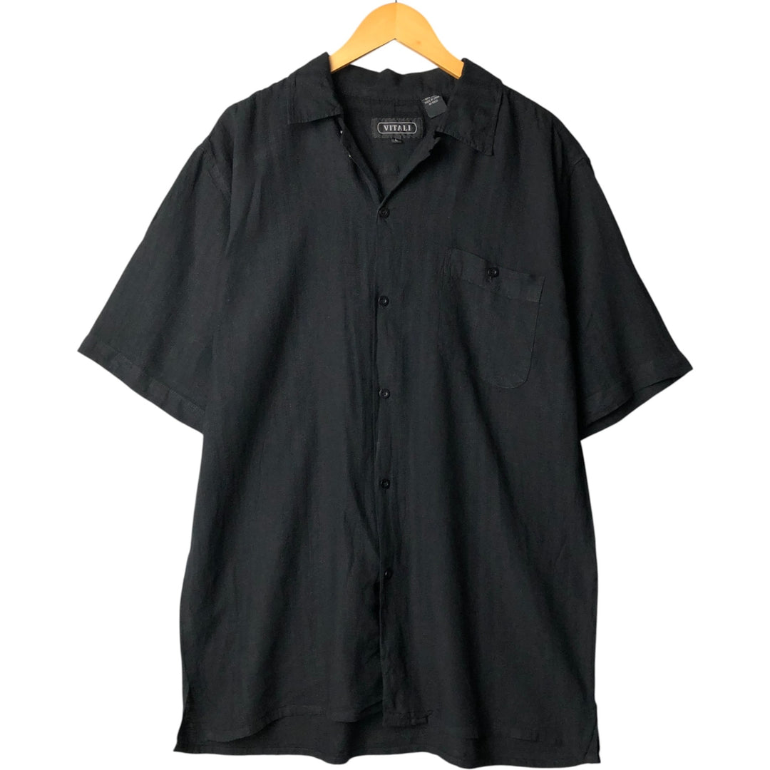 VITALI Short Sleeve Open Collar Linen Box Shirt, Men's Size L linen black type Vintage Second Hand