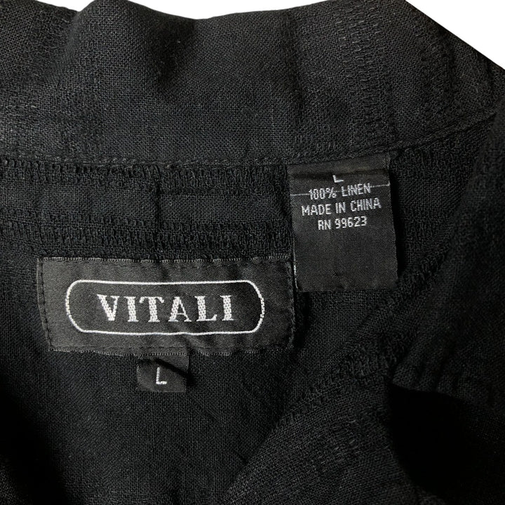 VITALI Short Sleeve Open Collar Linen Box Shirt, Men's Size L linen black type Vintage Second Hand