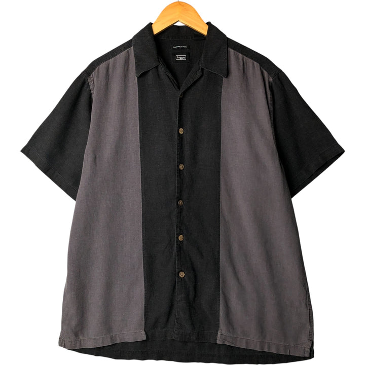 Haggar Two-tone short-sleeve open-collar rayon x linen box shirt, size L for men linen black type Vintage Second Hand