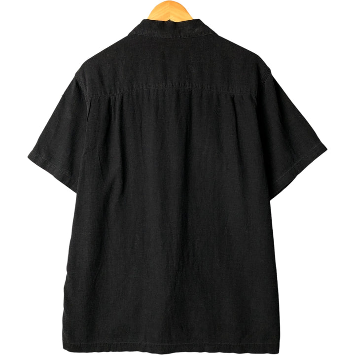 Haggar Two-tone short-sleeve open-collar rayon x linen box shirt, size L for men linen black type Vintage Second Hand