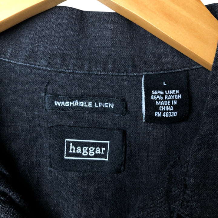 Haggar Two-tone short-sleeve open-collar rayon x linen box shirt, size L for men linen black type Vintage Second Hand
