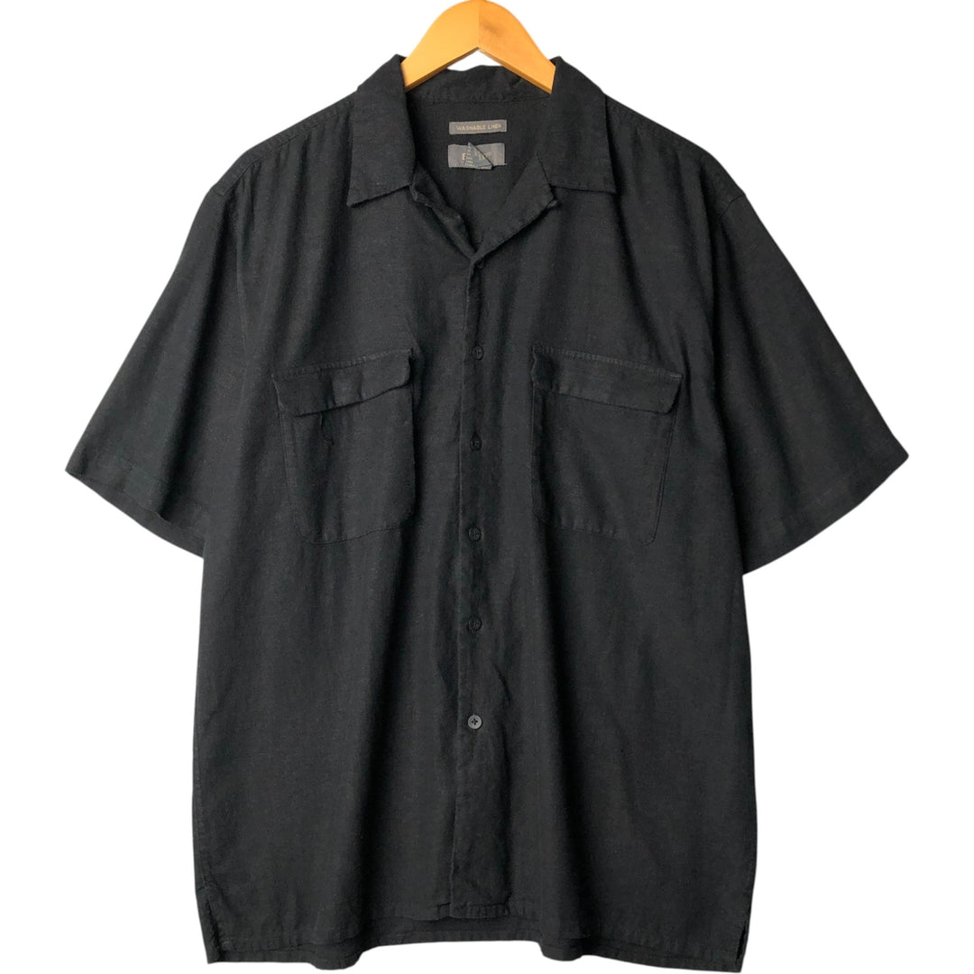BURUNO Short Sleeve Open Collar Rayon and Linen Box Shirt, Men's Size XL linen black type Vintage Second Hand