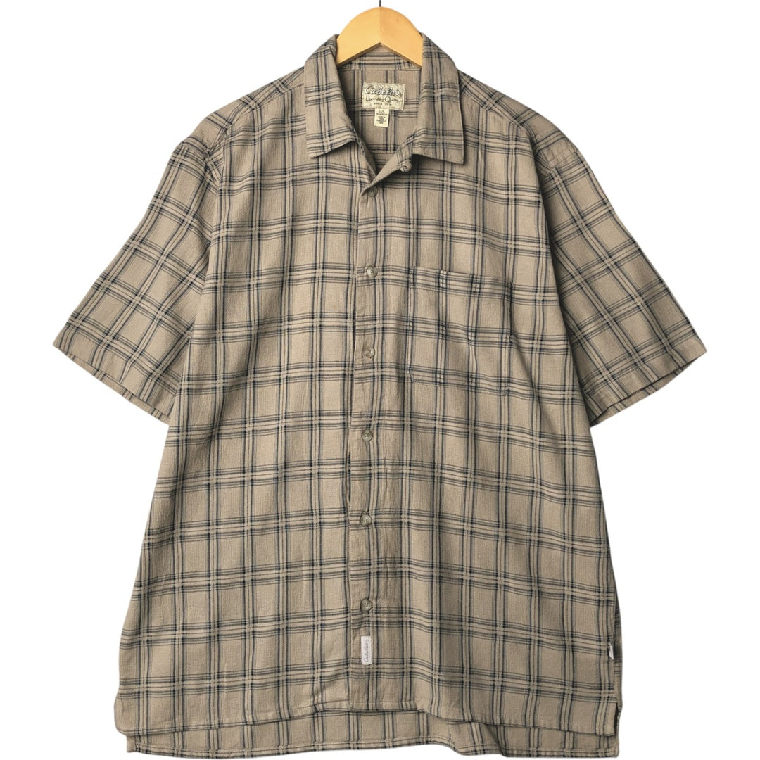 Cabela's Check Pattern Short Sleeve Open Collar Cotton Shirt, Men's Size L cotton Beige type Vintage Second Hand
