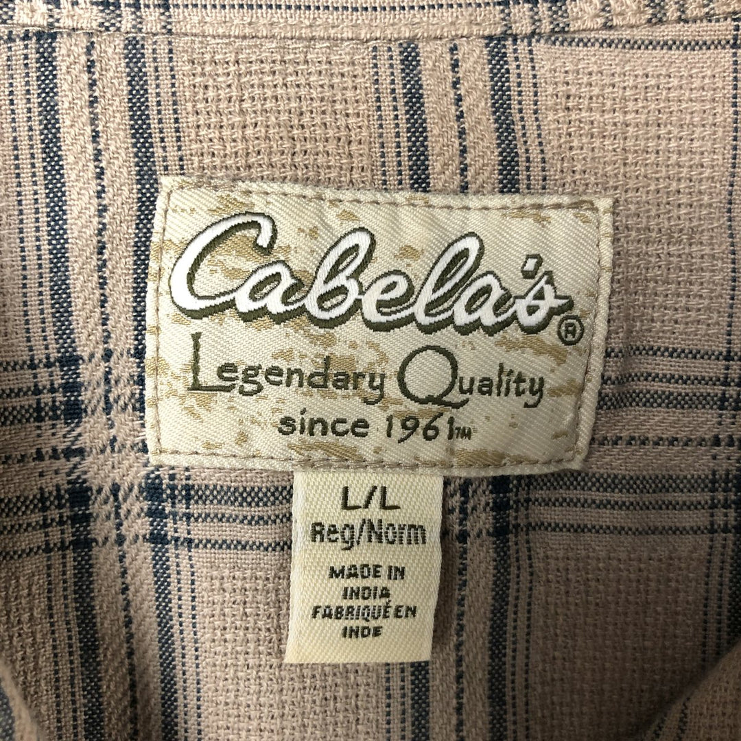 Cabela's Check Pattern Short Sleeve Open Collar Cotton Shirt, Men's Size L cotton Beige type Vintage Second Hand