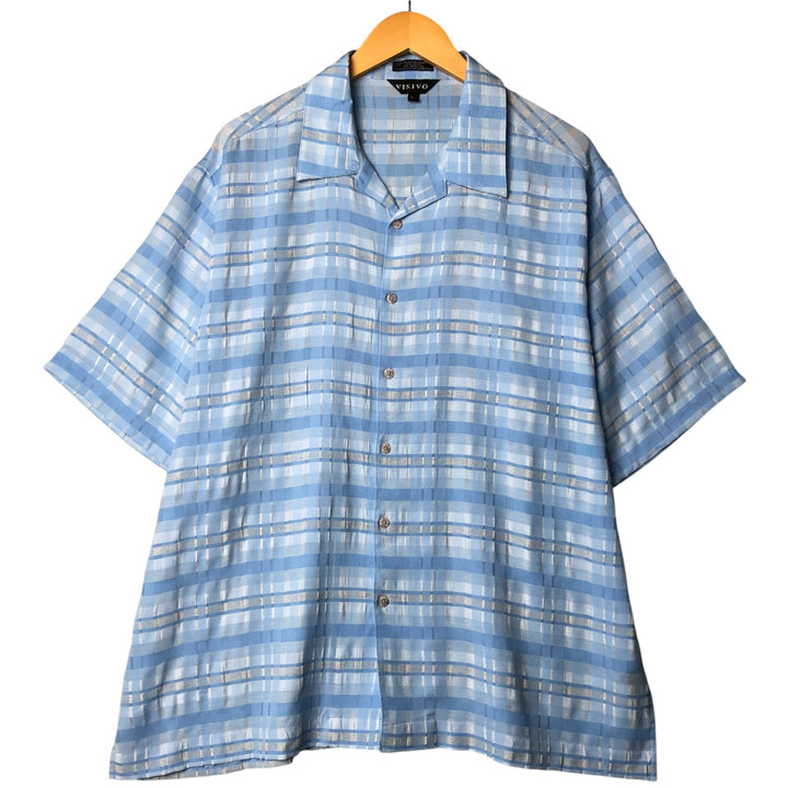 VISIVO Check Pattern Short Sleeve Open Collar Polyester Box Shirt, Men's Size XL polyester Blue type light blue Vintage Second Hand