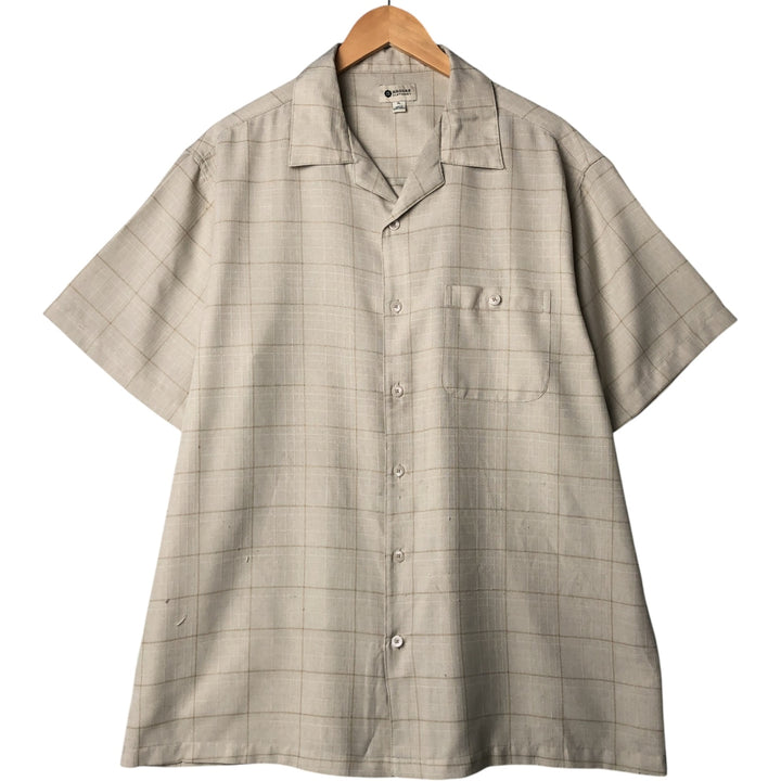 Haggar Check Pattern Short Sleeve Open Collar Polyester Shirt Box Shirt Men's XL polyester Beige type Vintage Second Hand