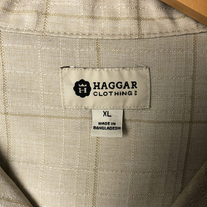 Haggar Check Pattern Short Sleeve Open Collar Polyester Shirt Box Shirt Men's XL polyester Beige type Vintage Second Hand