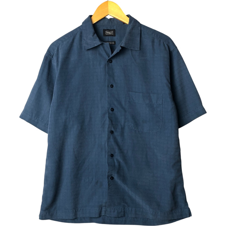 Haggar Check Pattern Short Sleeve Open Collar Rayon Box Shirt, Men's Size Small Rayon navy blue type Vintage Second Hand