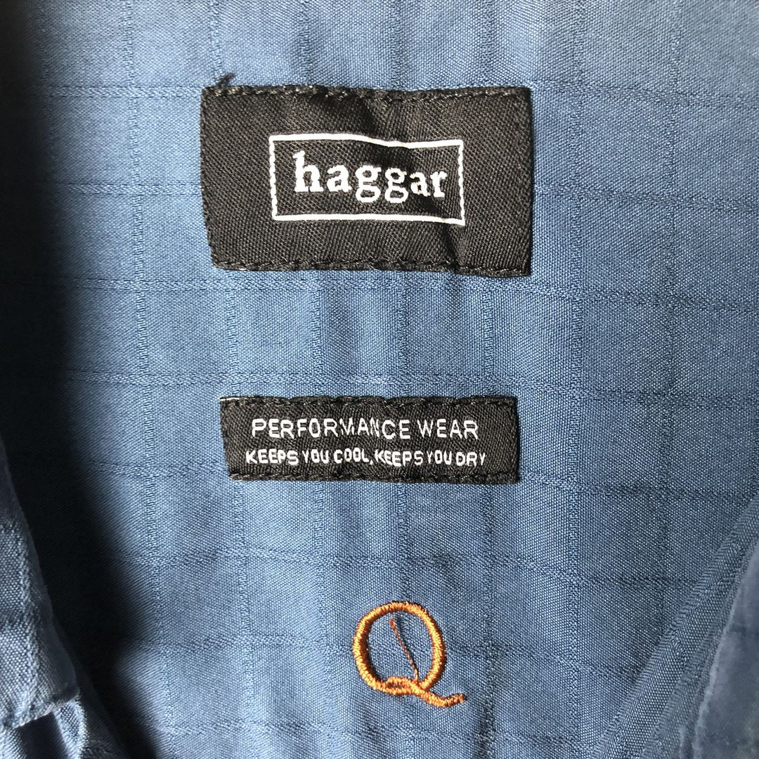 Haggar Check Pattern Short Sleeve Open Collar Rayon Box Shirt, Men's Size Small Rayon navy blue type Vintage Second Hand