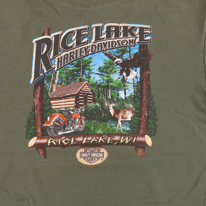 2000'S Harley-Davidson Eagle Pattern Animal Pattern Motorcycle T-Shirt, Made in USA, Men's Size Large cotton Khaki type Vintage Second Hand