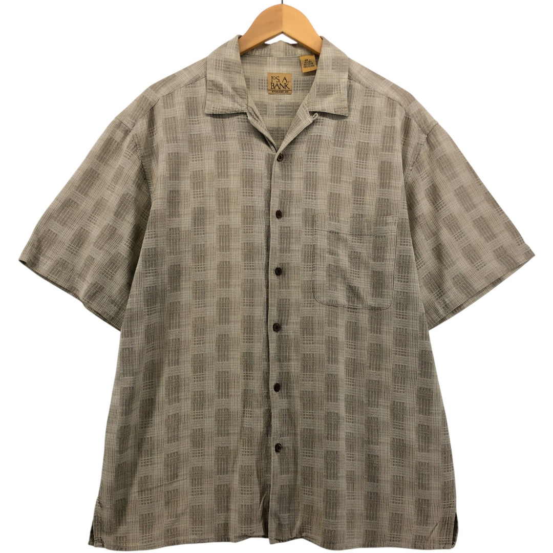 JOS A BANK Check Pattern Short Sleeve Open Collar Silk Shirt, Men's Size L silk Beige type Vintage Second Hand