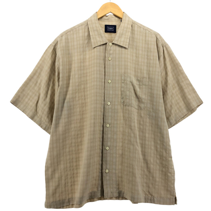 Haggar Check Pattern Short Sleeve Rayon Box Shirt, Men's Size L Rayon Beige type Vintage Second Hand