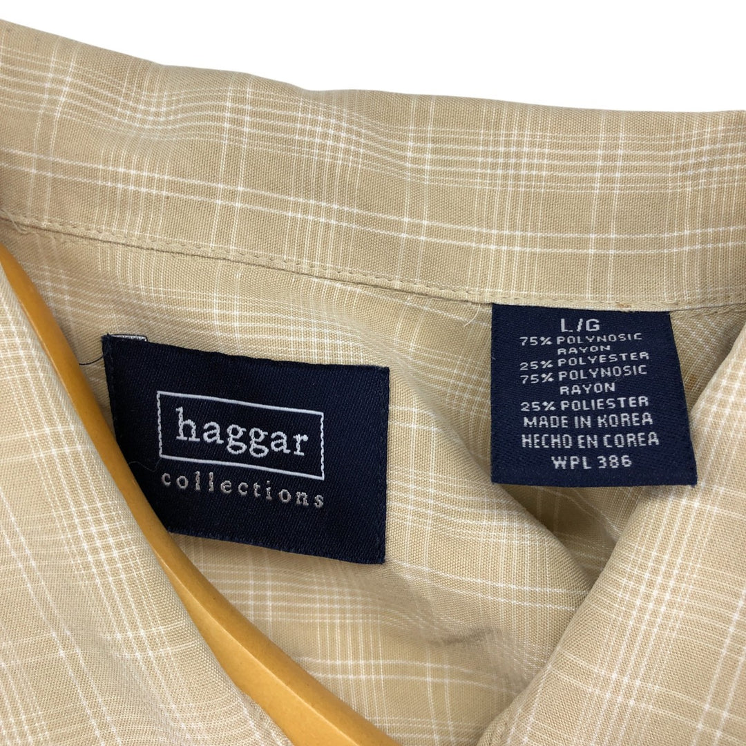 Haggar Check Pattern Short Sleeve Rayon Box Shirt, Men's Size L Rayon Beige type Vintage Second Hand