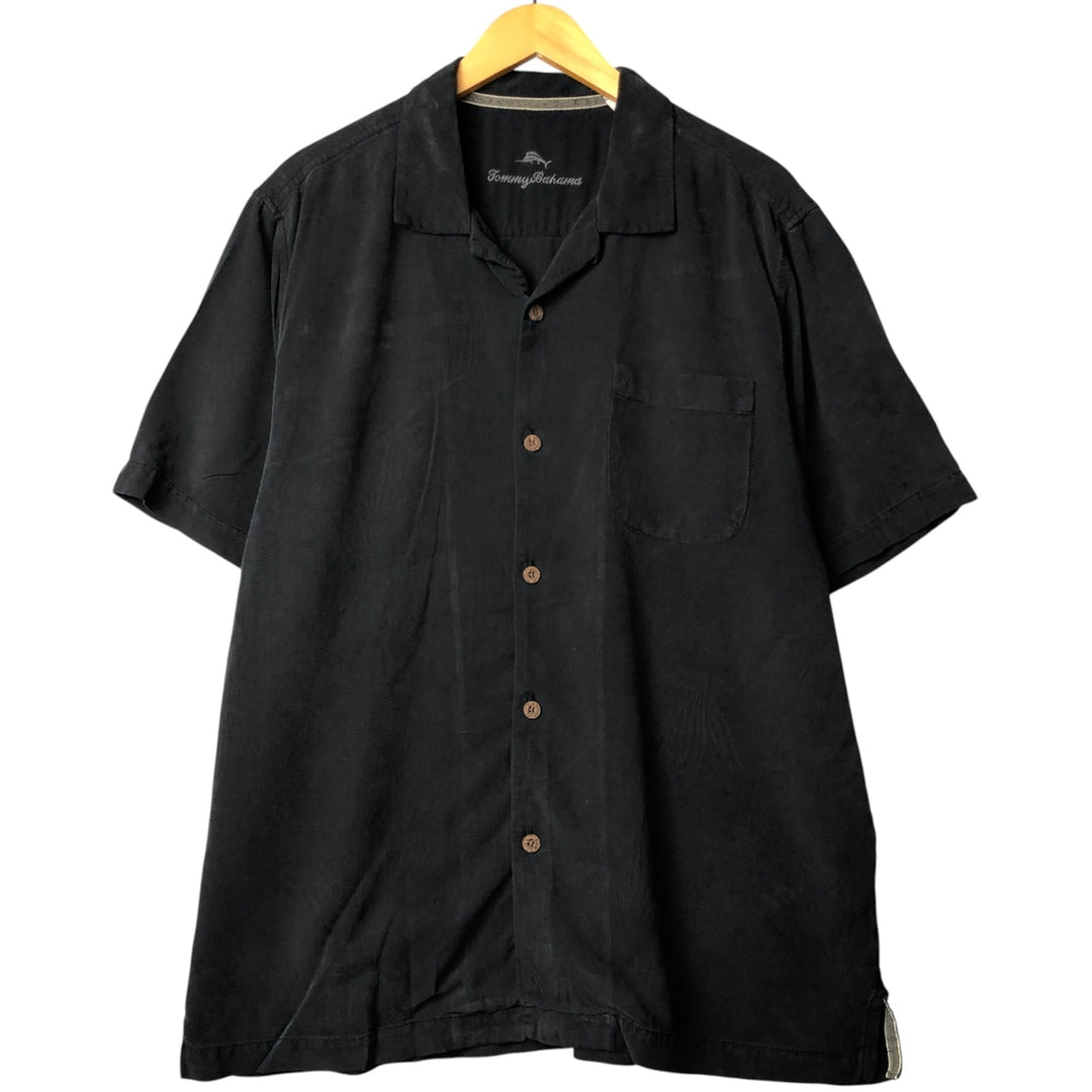 Tommy Bahama Palm Tree Print Short Sleeve Open Collar Silk Shirt, Men's Size L, Vintage unclear black type Vintage Second Hand