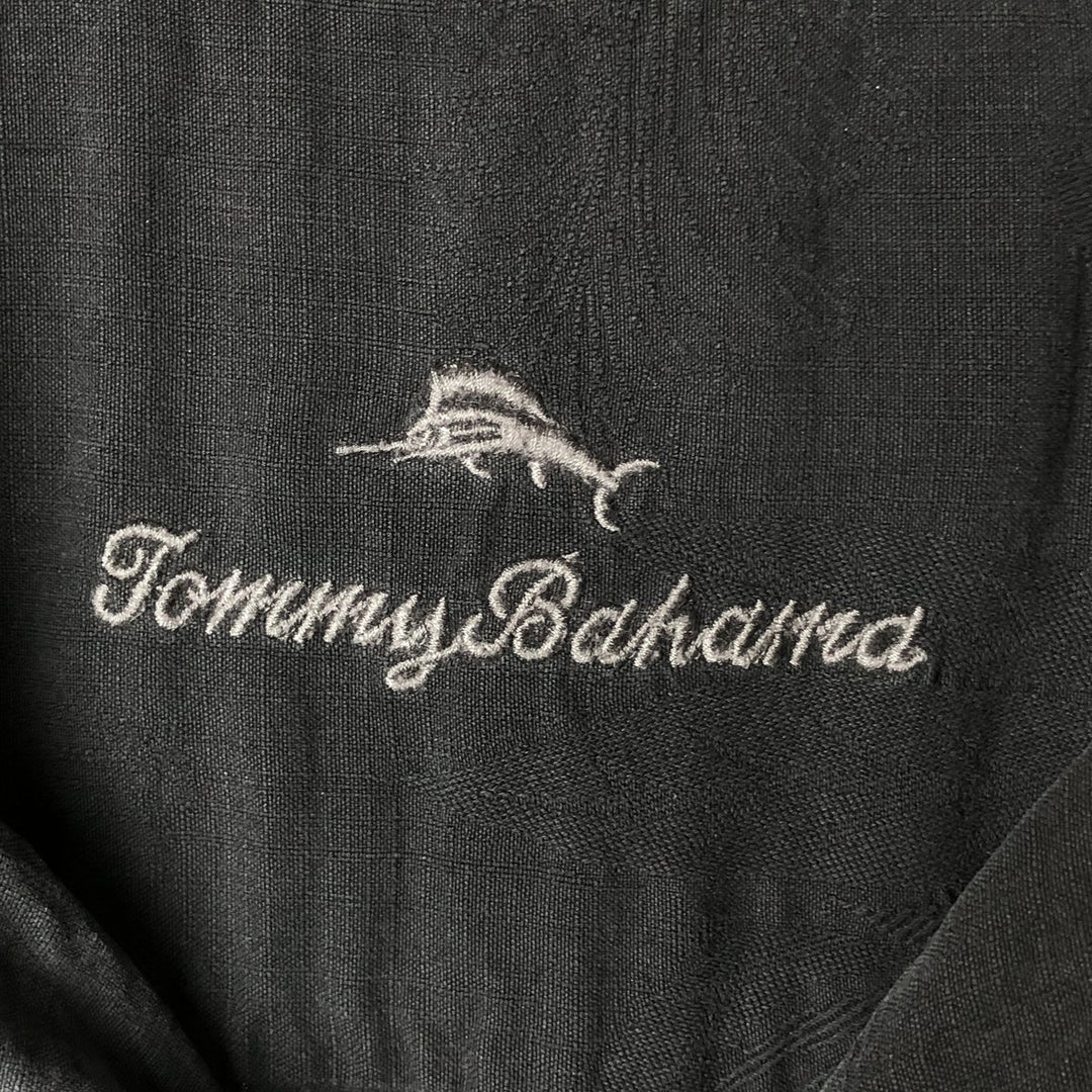 Tommy Bahama Palm Tree Print Short Sleeve Open Collar Silk Shirt, Men's Size L, Vintage unclear black type Vintage Second Hand
