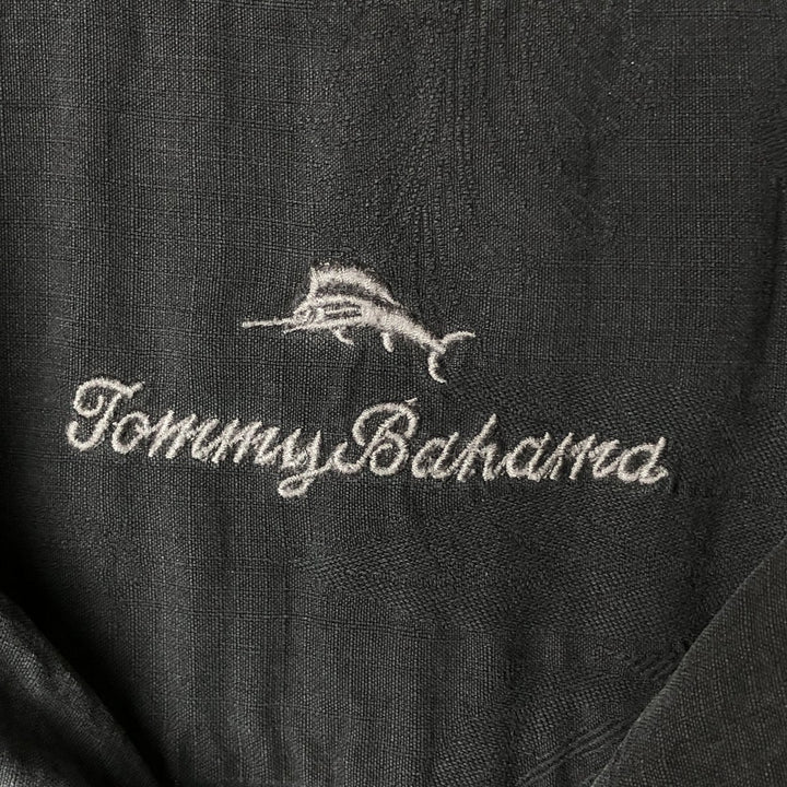 Tommy Bahama Palm Tree Print Short Sleeve Open Collar Silk Shirt, Men's Size L, Vintage unclear black type Vintage Second Hand