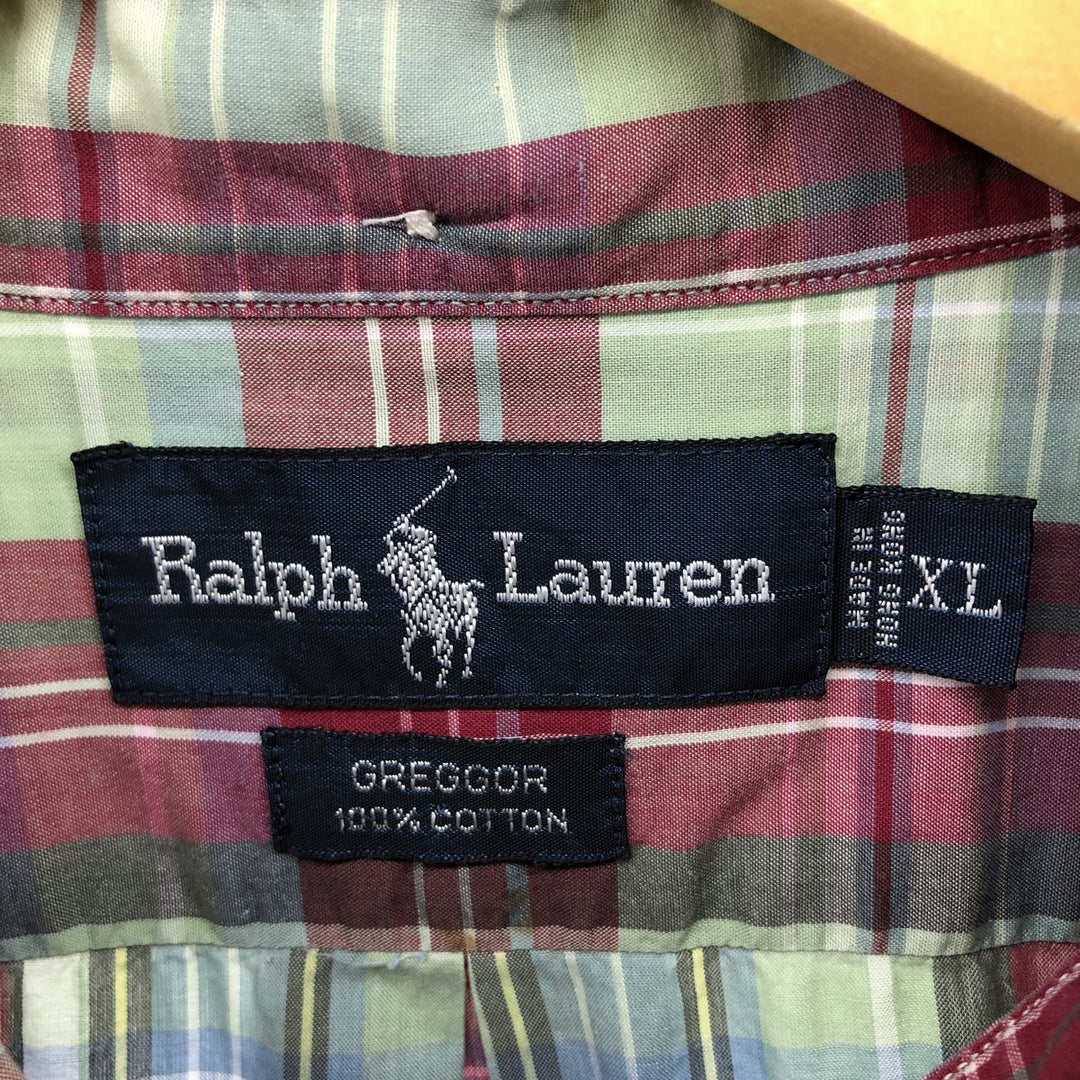 Ralph Lauren GREGGOR Madras Check Short Sleeve Button-Down Check Shirt, Men's XL cotton green type Vintage Second Hand