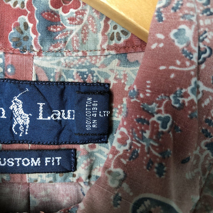 Ralph Lauren Custom Fit All-Over Print Short Sleeve Button-Down Shirt, Men's Size Medium cotton red type Vintage Second Hand