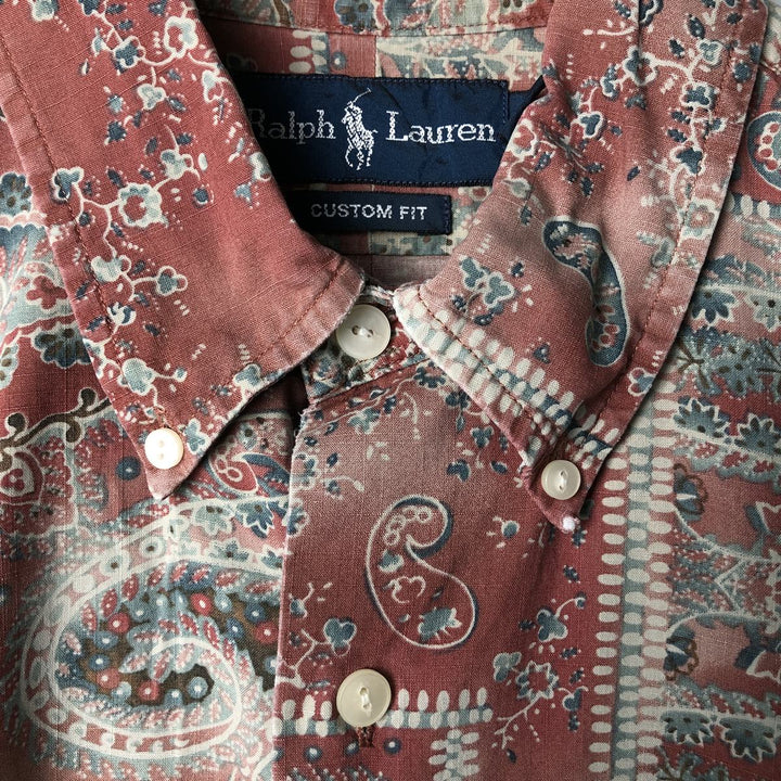 Ralph Lauren Custom Fit All-Over Print Short Sleeve Button-Down Shirt, Men's Size Medium cotton red type Vintage Second Hand