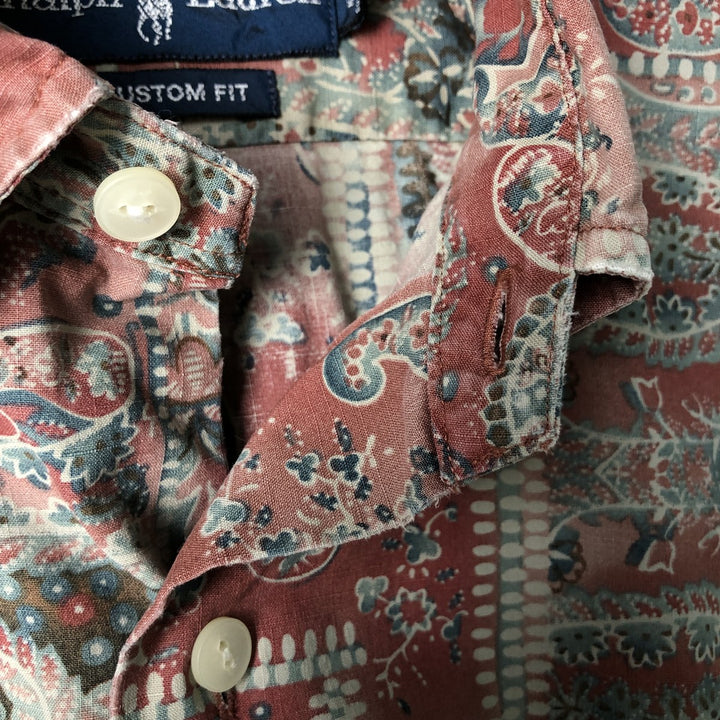 Ralph Lauren Custom Fit All-Over Print Short Sleeve Button-Down Shirt, Men's Size Medium cotton red type Vintage Second Hand