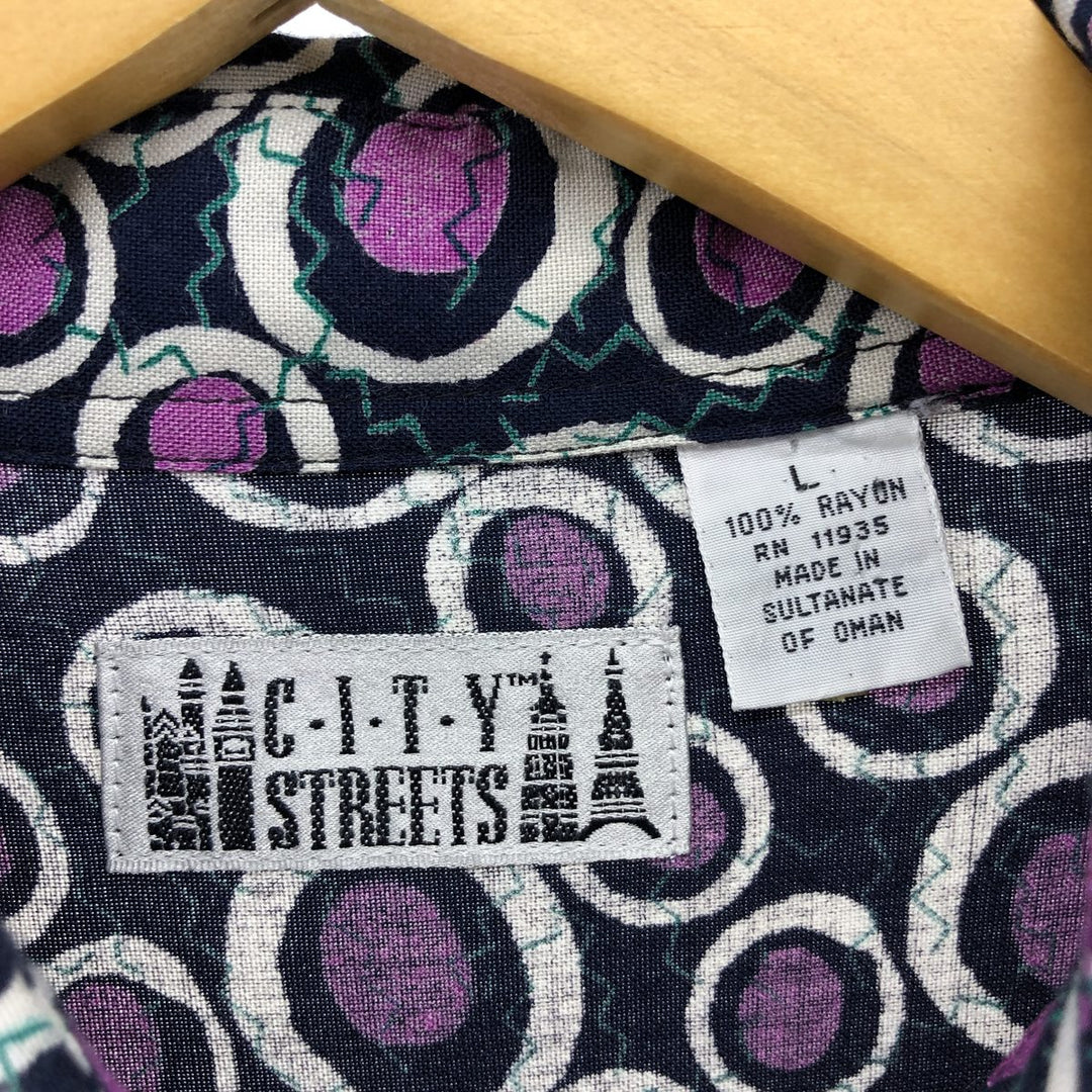 CITY STREETS all-over print short-sleeved rayon shirt, men's size L Rayon black type Vintage Second Hand