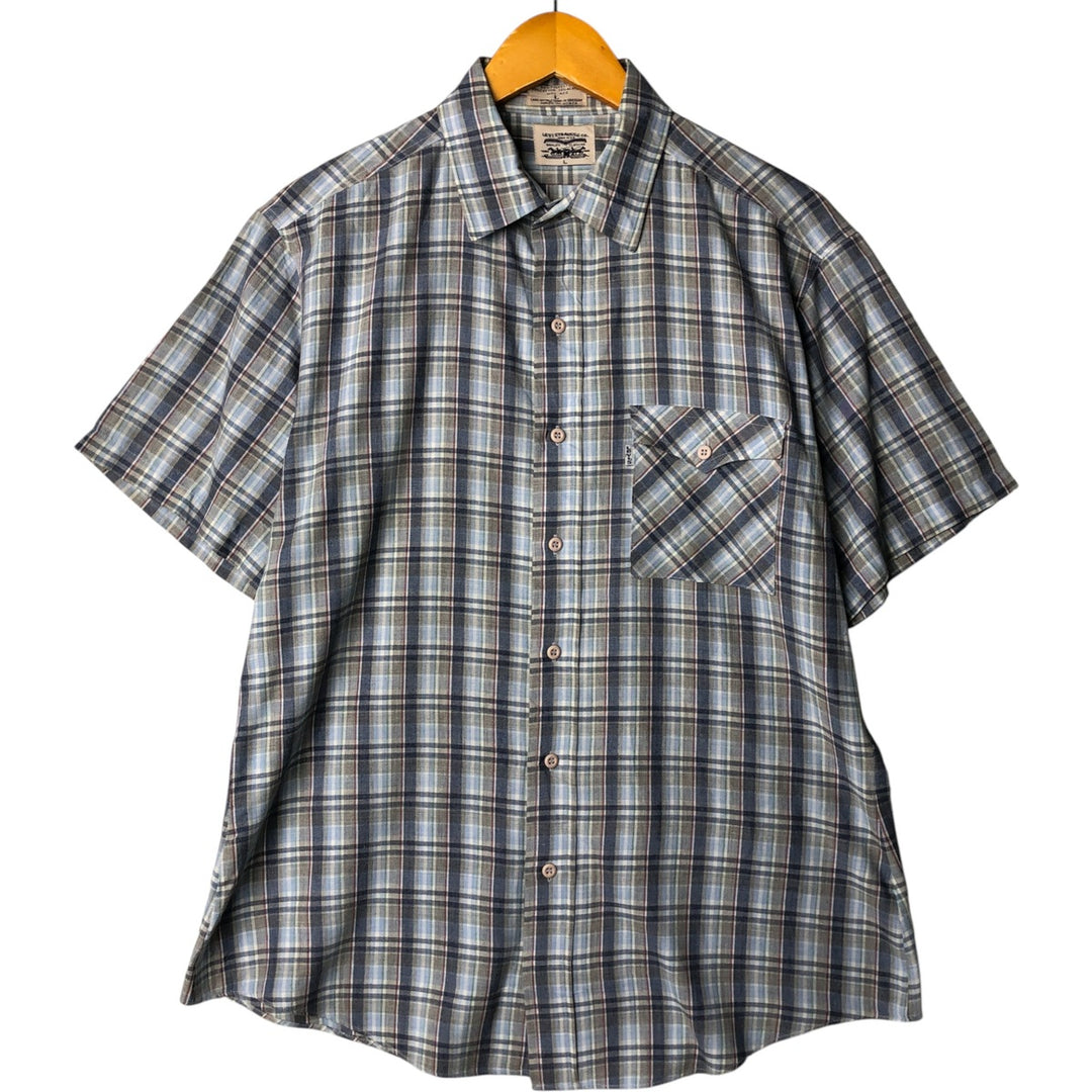 70s~80'S Levi's short sleeve check shirt, men's size L, vintage polyester navy blue type Vintage Second Hand