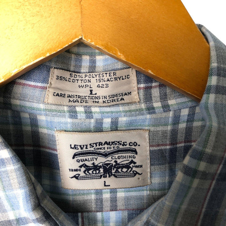 70s~80'S Levi's short sleeve check shirt, men's size L, vintage polyester navy blue type Vintage Second Hand