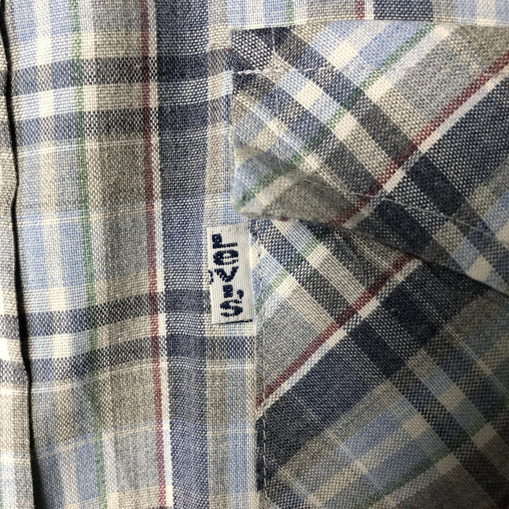 70s~80'S Levi's short sleeve check shirt, men's size L, vintage polyester navy blue type Vintage Second Hand