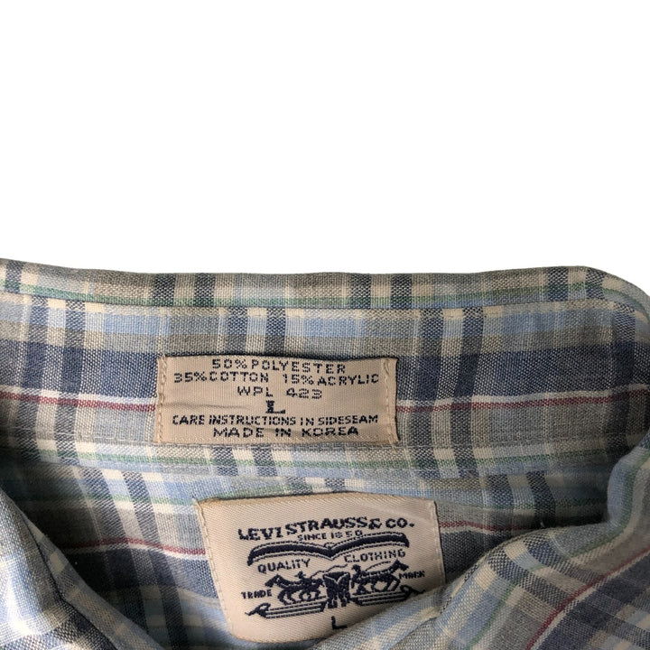 70s~80'S Levi's short sleeve check shirt, men's size L, vintage polyester navy blue type Vintage Second Hand