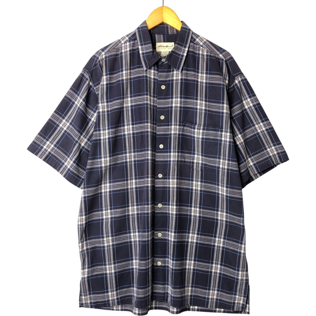 00'S Eddie Bauer Short Sleeve Cotton Check Shirt Box Shirt Men's L size cotton navy blue type Vintage Second Hand