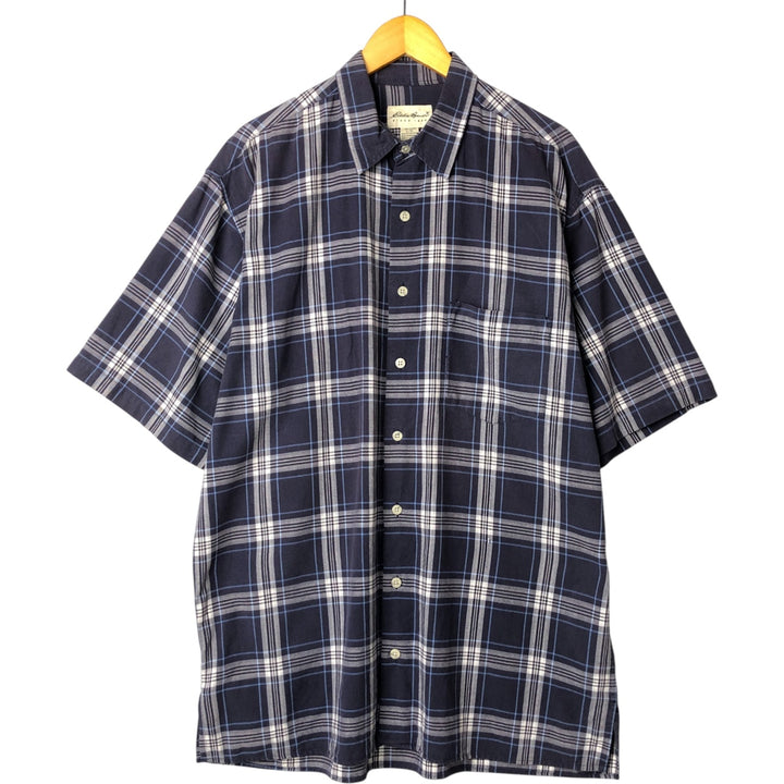 00'S Eddie Bauer Short Sleeve Cotton Check Shirt Box Shirt Men's L size cotton navy blue type Vintage Second Hand