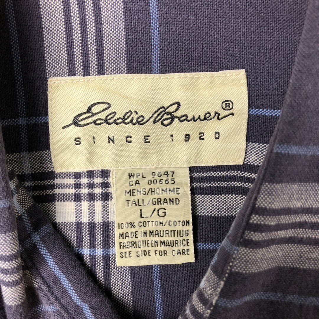00'S Eddie Bauer Short Sleeve Cotton Check Shirt Box Shirt Men's L size cotton navy blue type Vintage Second Hand