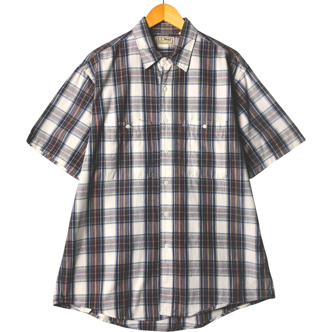 LLBean Short Sleeve Cotton Check Shirt, Made in USA, Men's Size L cotton navy blue type Vintage Second Hand