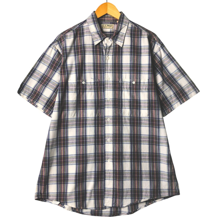 LLBean Short Sleeve Cotton Check Shirt, Made in USA, Men's Size L cotton navy blue type Vintage Second Hand