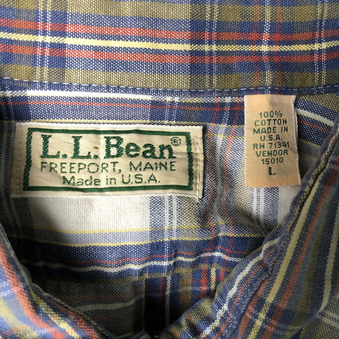 LLBean Short Sleeve Cotton Check Shirt, Made in USA, Men's Size L cotton navy blue type Vintage Second Hand