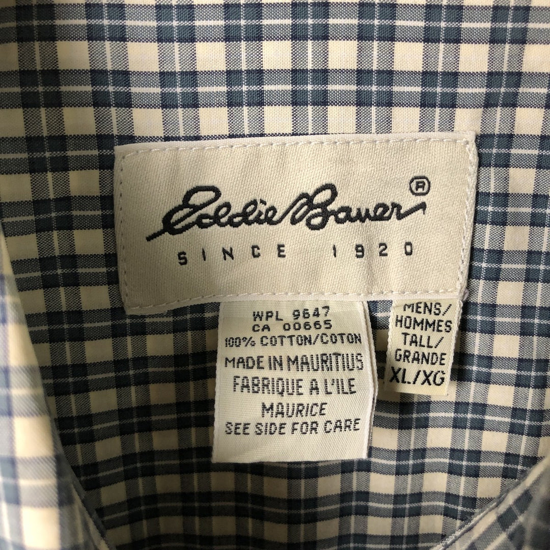 00'S Eddie Bauer short sleeve button down check shirt, men's XL size cotton ivory Vintage Second Hand