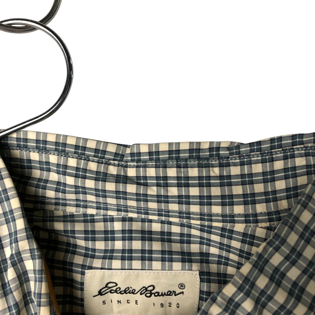 00'S Eddie Bauer short sleeve button down check shirt, men's XL size cotton ivory Vintage Second Hand