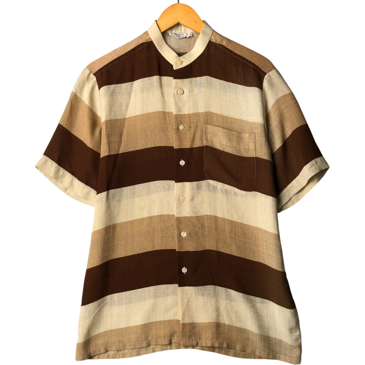 Kotzin Vintage Striped Stand Collar Short Sleeve Box Shirt, Men's Size Medium unclear brown type Vintage Second Hand
