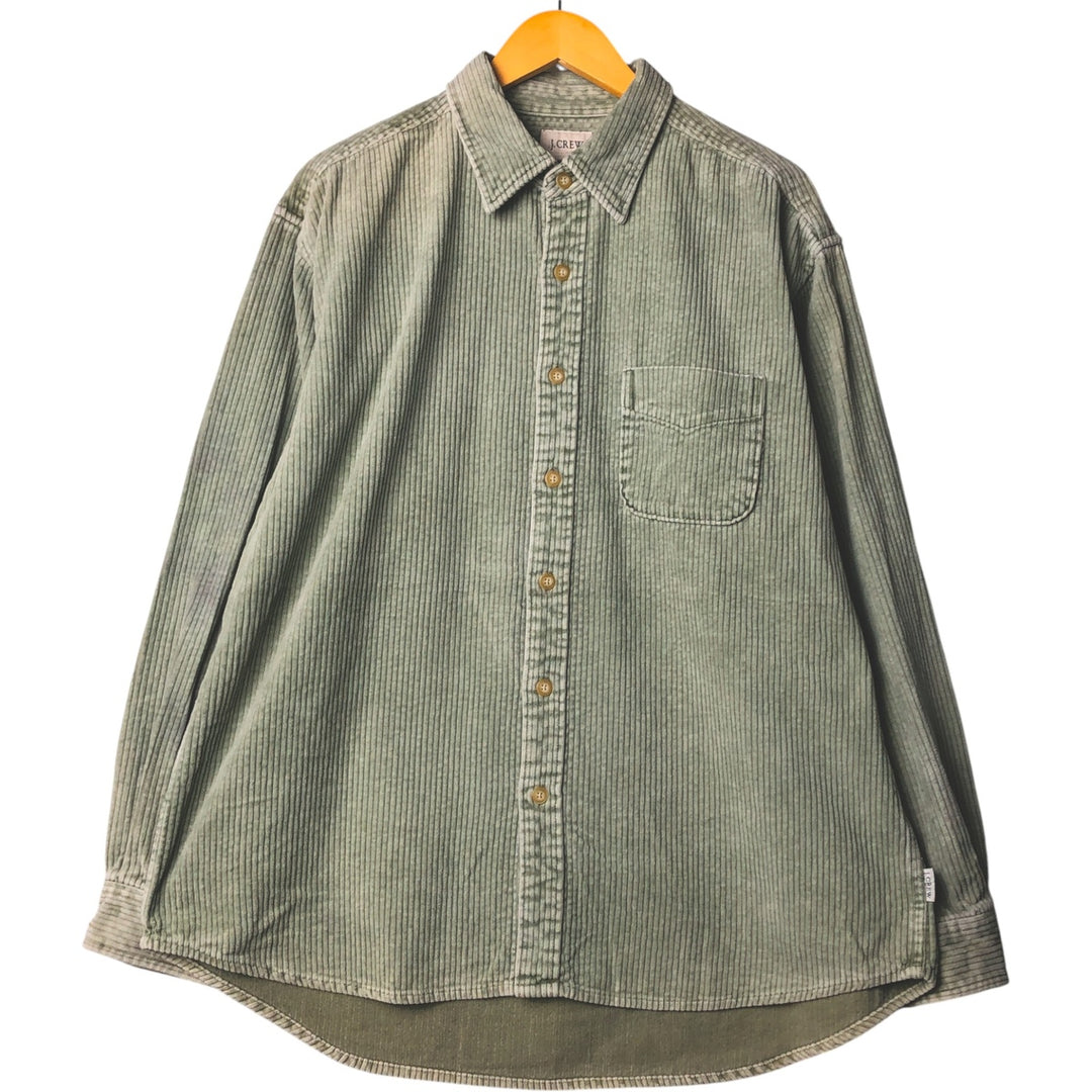 90'S J.Crew wide-ribbed long-sleeved corduroy shirt, men's size L cotton Khaki type sage green Vintage Second Hand